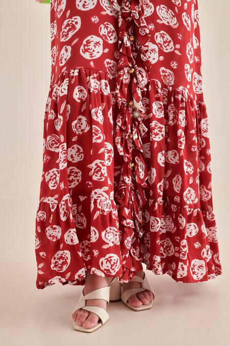 Khajoor Studio_Red Modal, Satin Ruffles V-neck Hand Block Print Maxi Dress _at_Aza_Fashions
