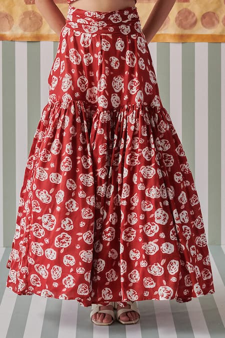 Khajoor Studio Red Modal Halter Neck Hand Block Print Bustier And Skirt Online at Aza Fashions Khajoor Studio_Red Modal Halter Neck Hand Block Print Bustier And Skirt _Online_at_Aza_Fashions