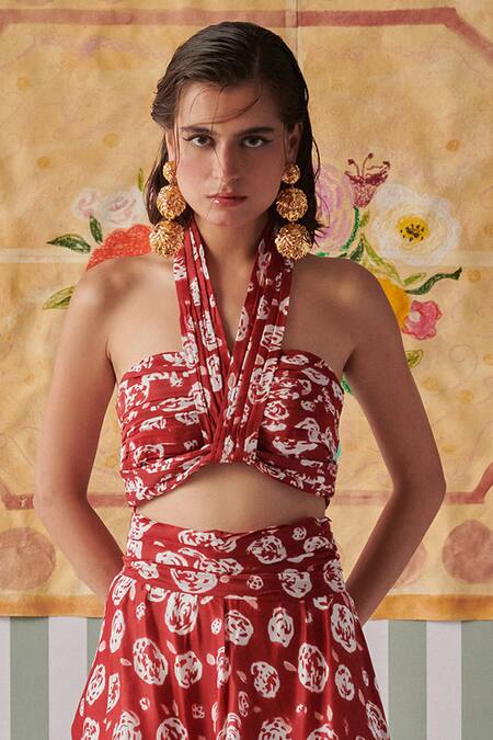 Buy Khajoor Studio Red Modal Halter Neck Hand Block Print Bustier And Skirt Online at Aza Fashions Buy_Khajoor Studio_Red Modal Halter Neck Hand Block Print Bustier And Skirt _Online_at_Aza_Fashions