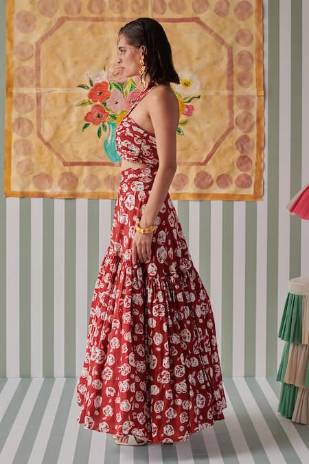 Shop Khajoor Studio Red Modal Halter Neck Hand Block Print Bustier And Skirt Online at Aza Fashions Shop_Khajoor Studio_Red Modal Halter Neck Hand Block Print Bustier And Skirt _Online_at_Aza_Fashions