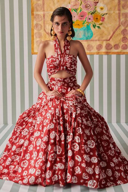 Khajoor Studio Red Modal Halter Neck Hand Block Print Bustier And Skirt at Aza Fashions Khajoor Studio_Red Modal Halter Neck Hand Block Print Bustier And Skirt _at_Aza_Fashions