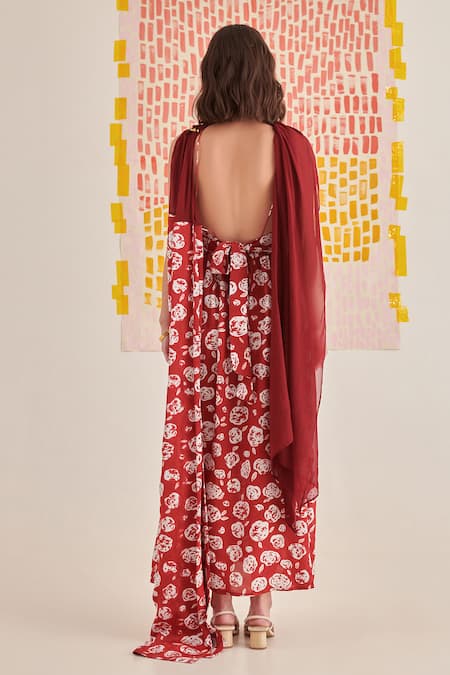 Khajoor Studio Red Floral Print Draped Maxi Dress 