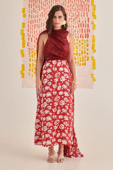Khajoor Studio Red Modal, Satin, Organza Beads Collared Floral Print Draped Maxi Dress Online at Aza Fashions Khajoor Studio_Red Modal, Satin, Organza Beads Collared Floral Print Draped Maxi Dress _Online_at_Aza_Fashions
