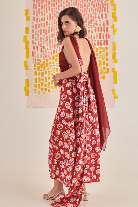 Buy Khajoor Studio Red Modal, Satin, Organza Beads Collared Floral Print Draped Maxi Dress Online at Aza Fashions Buy_Khajoor Studio_Red Modal, Satin, Organza Beads Collared Floral Print Draped Maxi Dress _Online_at_Aza_Fashions
