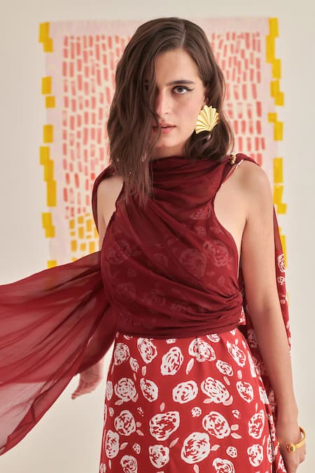 Shop Khajoor Studio Red Modal, Satin, Organza Beads Collared Floral Print Draped Maxi Dress Online at Aza Fashions Shop_Khajoor Studio_Red Modal, Satin, Organza Beads Collared Floral Print Draped Maxi Dress _Online_at_Aza_Fashions