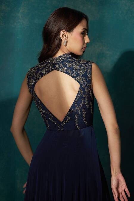 Sawan Gandhi_Blue Georgette Zari Embroidered Cape Flared Pant Set_Online_at_Aza_Fashions