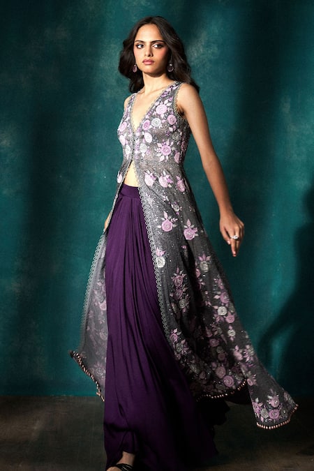 Sawan Gandhi Floral Applique Cape With Lehenga 