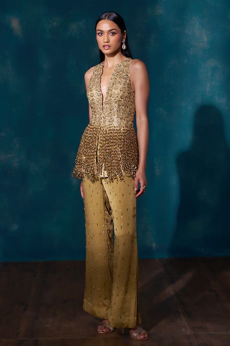 Sawan Gandhi Tasselled Sequined Peplum Jacket With Flared Pant 