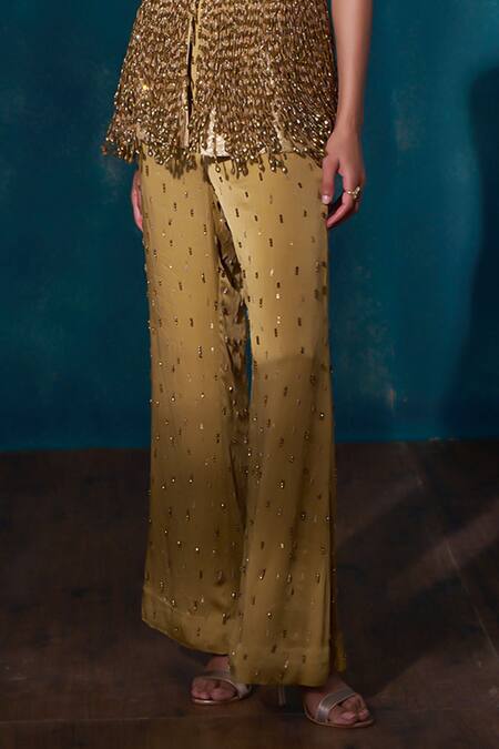 Sawan Gandhi Gold Satin, Net Beads, Sequins V-neck Embellished Peplum Jacket And Pant Set Online at Aza Fashions Sawan Gandhi_Gold Satin, Net Beads, Sequins V-neck Embellished Peplum Jacket And Pant Set_Online_at_Aza_Fashions