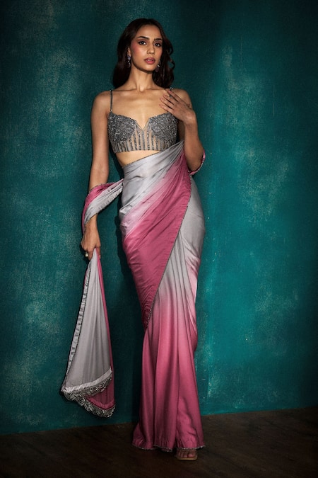 Sawan Gandhi Gradient Tasselled Saree With Embroidered Corset 