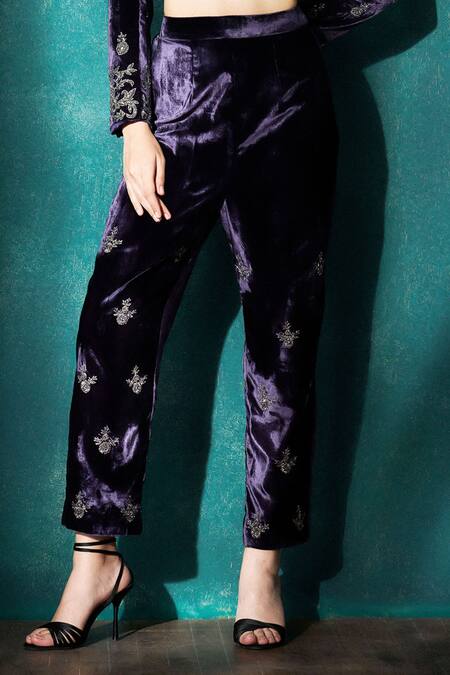 Buy_Sawan Gandhi_Purple Velvet Embroidered Cut Dana Lapel Collar Jacket And Pant Set_Online_at_Aza_Fashions
