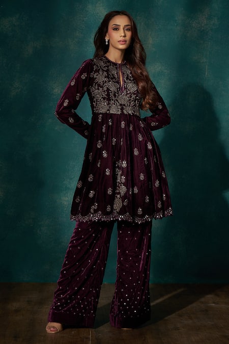 Sawan Gandhi Velvet Floral Embroidered Peplum Kurta With Pant 