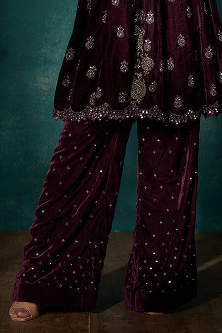 Sawan Gandhi Wine Velvet Cut Work, Mirrors Keyhole Neck Floral Embroidered Kurta Set Online at Aza Fashions Sawan Gandhi_Wine Velvet Cut Work, Mirrors Keyhole Neck Floral Embroidered Kurta Set_Online_at_Aza_Fashions