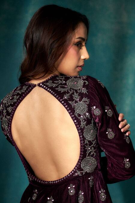 Buy_Sawan Gandhi_Wine Velvet Cut Work, Mirrors Keyhole Neck Floral Embroidered Kurta Set_Online_at_Aza_Fashions