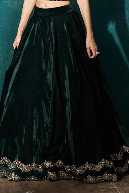 Sawan Gandhi_Green Velvet Mirrors, Cut Work, Embroidery Sweetheart Bottle Lehenga And Corset_Online_at_Aza_Fashions