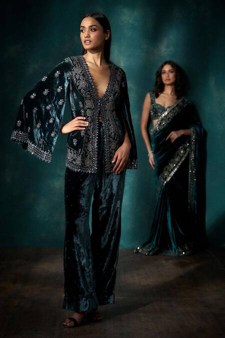 Sawan Gandhi Green Velvet Cut Work, Mirrors V-neck Teal Dana Embroidered Set Online at Aza Fashions Sawan Gandhi_Green Velvet Cut Work, Mirrors V-neck Teal Dana Embroidered Set_Online_at_Aza_Fashions