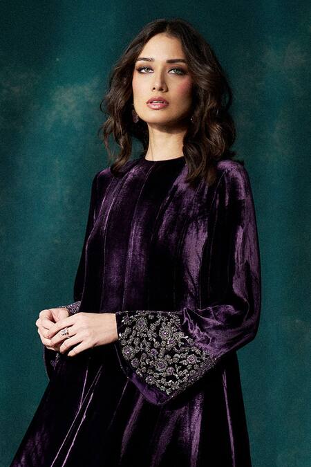 Sawan Gandhi_Wine Velvet Cut Work Round Neck Floral Embroidered Anarkali Set_Online_at_Aza_Fashions