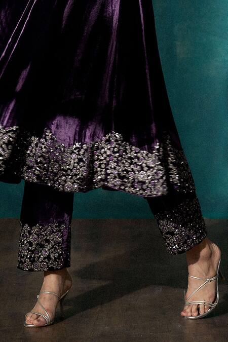 Buy_Sawan Gandhi_Wine Velvet Cut Work Round Neck Floral Embroidered Anarkali Set_Online_at_Aza_Fashions