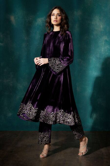 Shop_Sawan Gandhi_Wine Velvet Cut Work Round Neck Floral Embroidered Anarkali Set_Online_at_Aza_Fashions