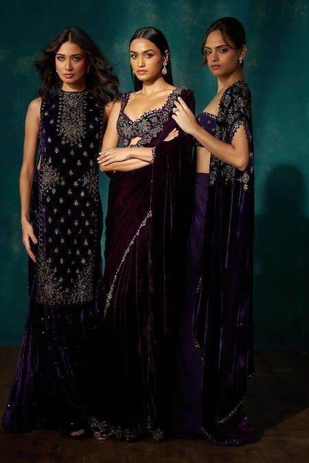 Sawan Gandhi_Wine Velvet Cut Work, Mirrors Sweetheart Neck Dana Embroidered Saree Set_Online_at_Aza_Fashions