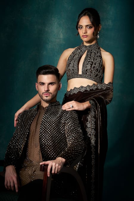 Sawan Gandhi_Brown Velvet Cut Work Bandeau Neck Dana Embroidered Saree Set_Online_at_Aza_Fashions