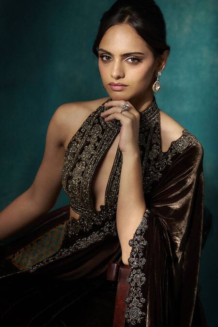Buy_Sawan Gandhi_Brown Velvet Cut Work Bandeau Neck Dana Embroidered Saree Set_Online_at_Aza_Fashions