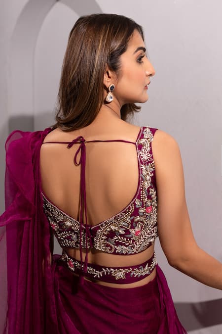 Dajwaree Purple Embroidered Ruffled Pre-Draped Saree Set 