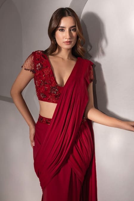 Dajwaree_Red Lycra, Net Cut Work, Pearls, Beads Cutdana Embroidered Pre-draped Saree Set _at_Aza_Fashions