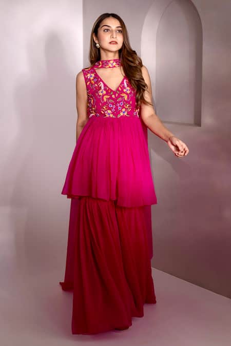 Dajwaree Pink Embroidered Peplum Kurta & Sharara Set 