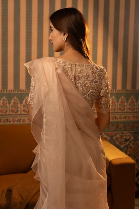 Dajwaree Peach Ruffled Embroidered Pre-Draped Saree Set 