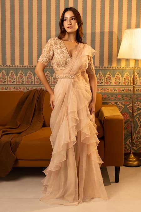 Shop_Dajwaree_Peach Organza, Net Pearls, Sequins, Cut Work, Ruffled Pre-draped Saree Set _Online_at_Aza_Fashions
