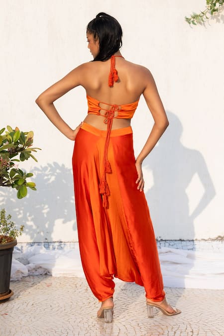 Shop_Lavina Sippy_Orange Modal, Satin Sequins, Beads Tribal Embroidered Blouse And Dhoti Pant Set _at_Aza_Fashions