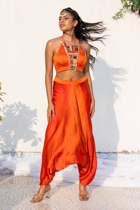 Lavina Sippy_Orange Modal, Satin Sequins, Beads Tribal Embroidered Blouse And Dhoti Pant Set _Online_at_Aza_Fashions