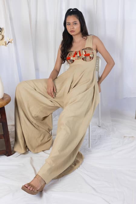 Lavina sippy Tribal Embroidered Beige Jumpsuit 