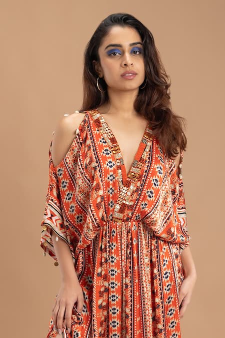 Shop_Lavina Sippy_Orange Modal Satin Print Aztec Abstract Plunge Neck Kaftan _at_Aza_Fashions