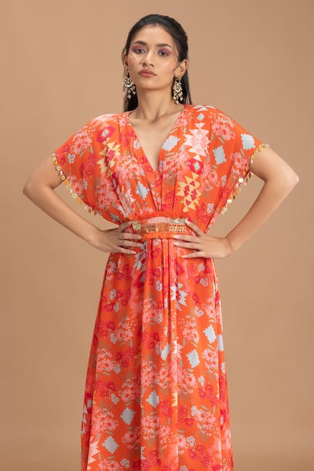 Lavina Sippy Coral Abstract Floral Embroidered Kaftan 