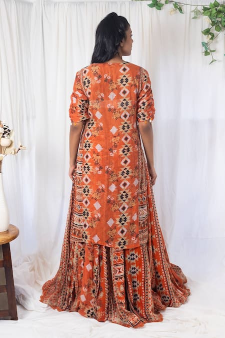 Lavina Sippy Orange Mirror Embroidered Kurta & Lehenga Set 