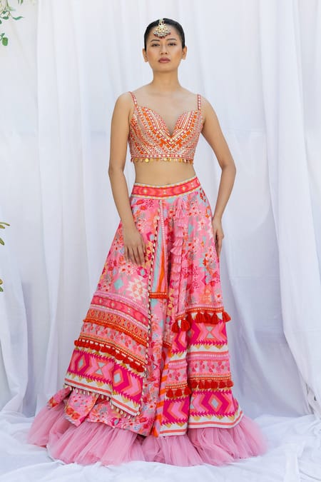 Lavina sippy Abstract Floral Print Layered Lehenga With Blouse 