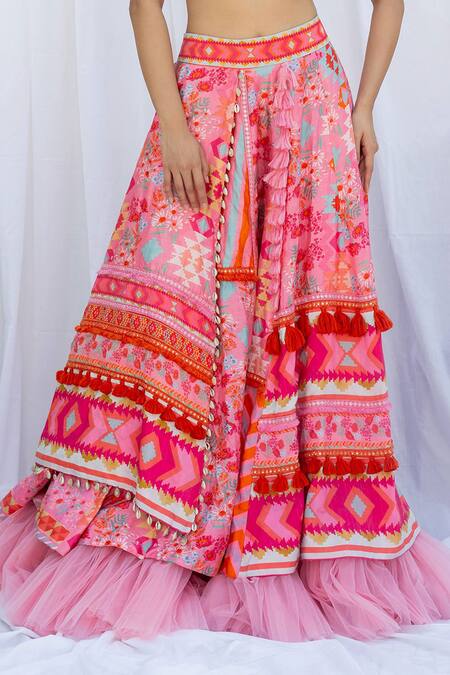 Lavina Sippy Pink Silk Sequins, Mirrors, Tassels Layered Abstract Floral Lehenga Set Online at Aza Fashions Lavina Sippy_Pink Silk Sequins, Mirrors, Tassels Layered Abstract Floral Lehenga Set _Online_at_Aza_Fashions
