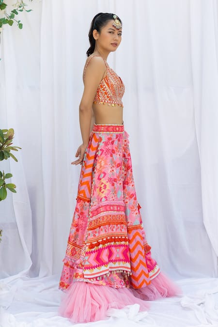 Shop_Lavina Sippy_Pink Silk Sequins, Mirrors, Tassels Layered Abstract Floral Lehenga Set _Online_at_Aza_Fashions
