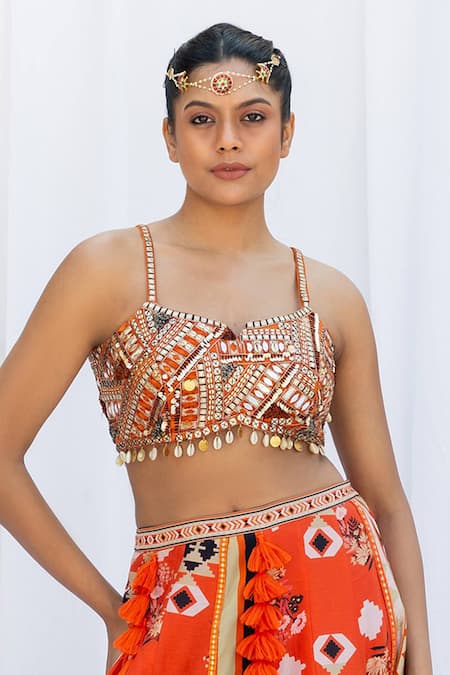Lavina Sippy_Orange Silk Mirrors, Sequins Sweetheart Neck Abstract Aztec Print Lehenga Set _Online_at_Aza_Fashions