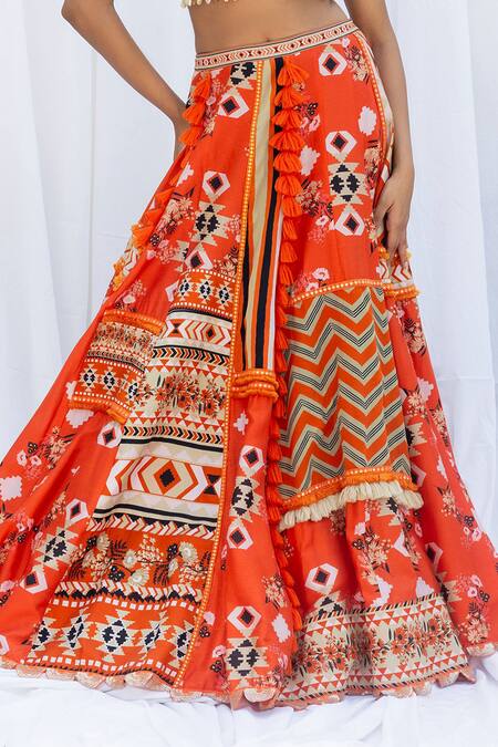 Buy_Lavina Sippy_Orange Silk Mirrors, Sequins Sweetheart Neck Abstract Aztec Print Lehenga Set _Online_at_Aza_Fashions