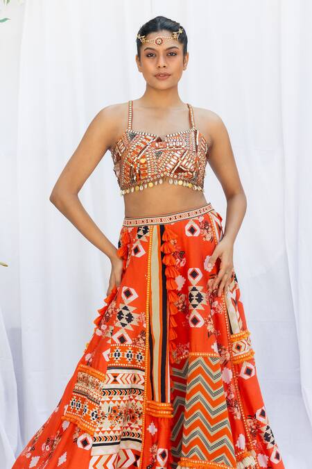 Shop_Lavina Sippy_Orange Silk Mirrors, Sequins Sweetheart Neck Abstract Aztec Print Lehenga Set _Online_at_Aza_Fashions