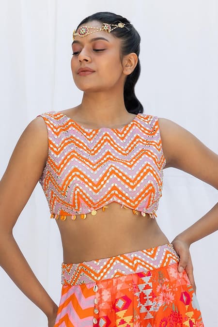 Lavina Sippy_Coral Silk Beads, Mirrors Round Neck Chevron Layered Print Lehenga Set _Online_at_Aza_Fashions