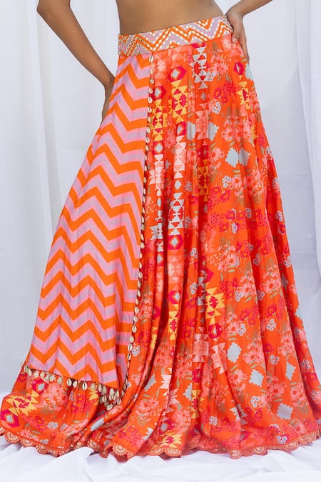 Buy_Lavina Sippy_Coral Silk Beads, Mirrors Round Neck Chevron Layered Print Lehenga Set _Online_at_Aza_Fashions