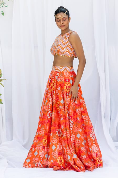 Shop_Lavina Sippy_Coral Silk Beads, Mirrors Round Neck Chevron Layered Print Lehenga Set _Online_at_Aza_Fashions