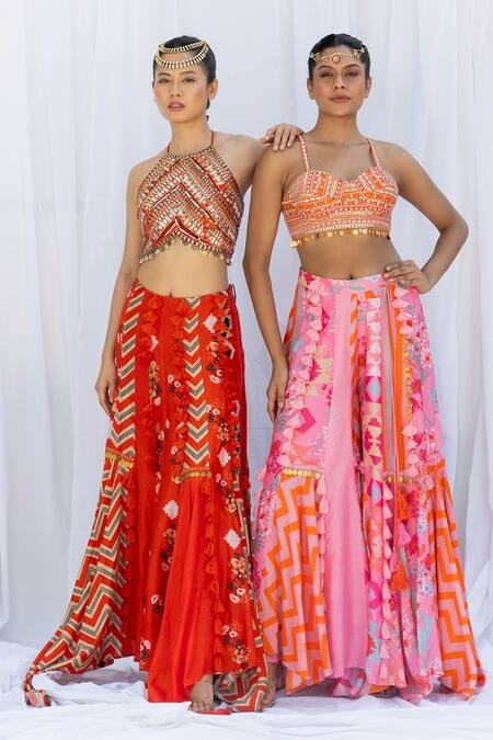 Buy_Lavina Sippy_Orange Silk Mirrors, Patchwork, Chains Halter Neck Asymmetric Lehenga Set _Online_at_Aza_Fashions