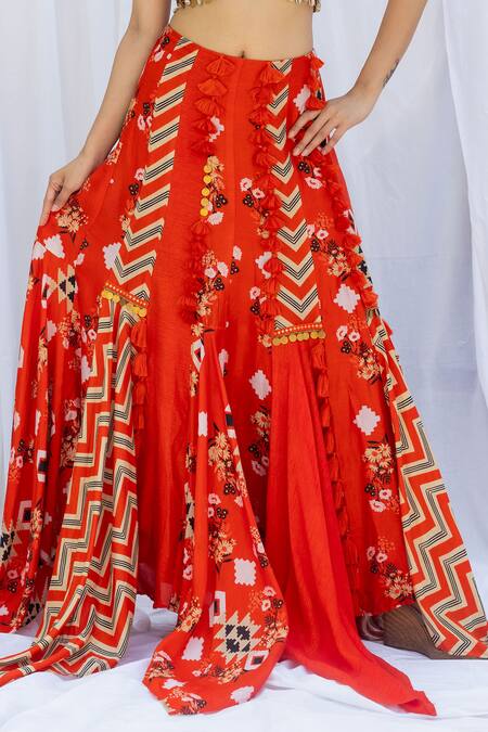 Shop_Lavina Sippy_Orange Silk Mirrors, Patchwork, Chains Halter Neck Asymmetric Lehenga Set _Online_at_Aza_Fashions