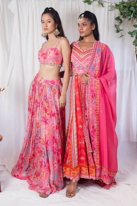 Lavina Sippy_Pink Chanderi Embroidery Scoop Neck Botanical Print Lehenga And Blouse _Online_at_Aza_Fashions
