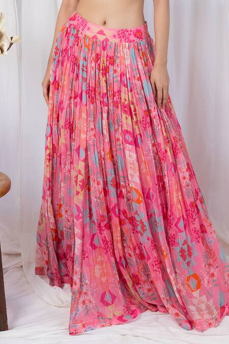 Shop_Lavina Sippy_Pink Chanderi Embroidery Scoop Neck Botanical Print Lehenga And Blouse _Online_at_Aza_Fashions